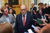 Director of the Office of Management and Budget Vought talks to reporters on Capitol Hill