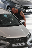 Lada cars are displayed for sale at a dealership in Saint Petersburg