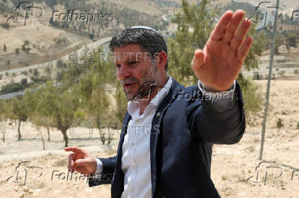 Israeli Finance Minister Smotrich speaks at a press conference regarding settlements expansion, near the Israeli settlement of Maale Adumim