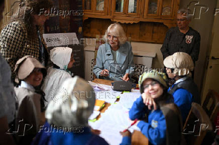 Britain's Queen Camilla visits a cottage in Thornton where the Bronte children were born