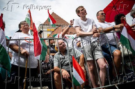 Peter Magyar, Hungarian opposition leader, delivers a speech in Szekesfehervar