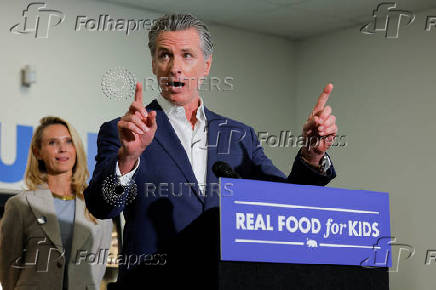 California Governor Gavin Newsom signs legislation to improve nutrition in schools across California, in Los Angeles