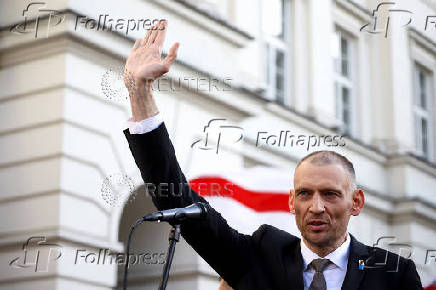 Siarhei Tsikhanouski attends a rally organised by Belarusian diaspora in Warsaw