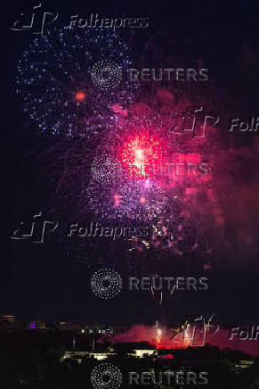 Fireworks explode near the Air Force Memorial, during a Fourth of July celebration at the White House in Washington