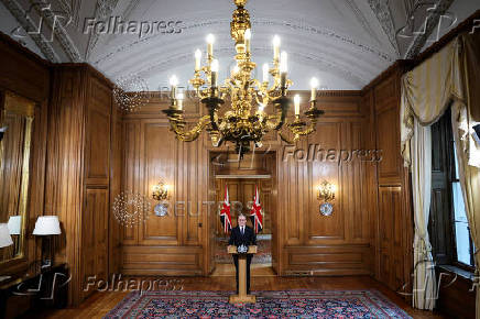 Britain's PM Starmer delivers statement inside No. 10 Downing Street, in London