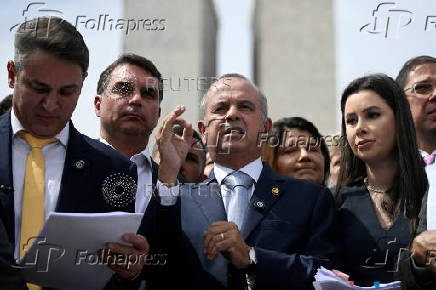 Brazilian lawmakers who support former President Jair Bolsonaro hold a press conference, in Brasilia