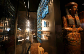 Museum exhibits are displayed at the Grand Egyptian Museum
