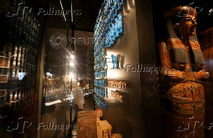 Museum exhibits are displayed at the Grand Egyptian Museum