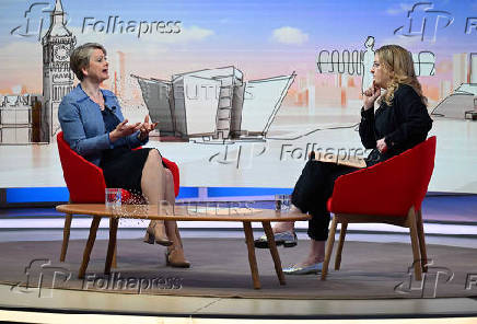 Britain's Home Secretary Yvette Cooper appears on BBC's Sunday with Laura Kuenssberg in London