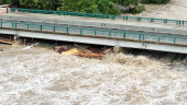 A drone view shows the swollen San Gabriel river, in Georgetown