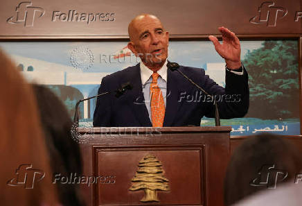 U.S. Special Envoy for Syria Thomas Barrack speaks after a meeting with Lebanese President Joseph Aoun at the presidential palace in Baabda