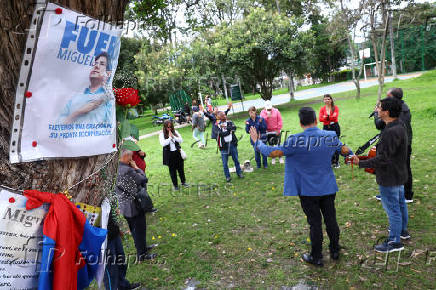 Tributes at place where Colombian Senator Uribe was shot during campaign event, in Bogota