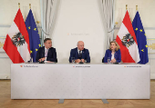Austrian Chancellor Stocker, Vice-Chancellor Babler and Foreign Minister Meinl-Reisinger address a press conference in Vienna
