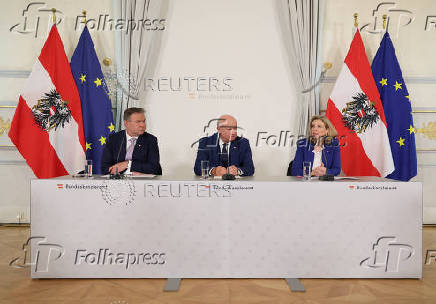 Austrian Chancellor Stocker, Vice-Chancellor Babler and Foreign Minister Meinl-Reisinger address a press conference in Vienna