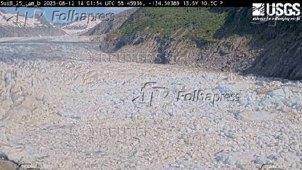 A view shows the Suicide Basin on August 12, 2025, during the glacial lake outburst flooding from the Mendenhall Glacier began, in Juneau, Alaska