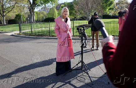 U.S. Attorney General Bondi speaks to members of the media at the White House in Washington