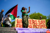 Protestors demonstrate during a May Day rally in New York