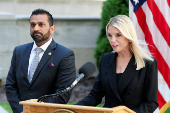 U.S. Attorney General Pam Bondi and FBI Director Kash Patel make an announcement at a press conference in Washington, D.C.
