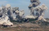 Smoke billows from Nabatieh district, following Israeli strikes, according to two Lebanese security sources, as seen from Marjayoun
