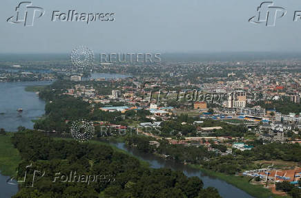An aerial view from the plane shows the Nile River flowing near Juba