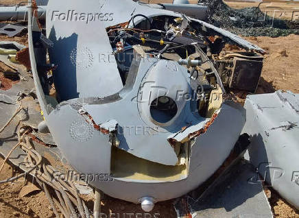 A destroyed drone, which the Iranian Army says belongs to Israel, is seen in Isfahan