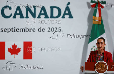 Mexican President Claudia Sheinbaum and Canadian PM Mark Carney hold a press conference, in Mexico City