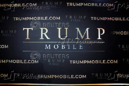 A screen is photographed at the end of a media event at Trump Tower in New York