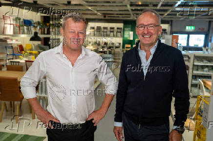 Outgoing Ingka Group CEO Jesper Brodin and incoming CEO Juvencio Maeztu pose at the Ikea store, in Malmo