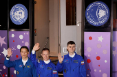 ISS crew departs the hotel for a pre-flight preparation, in Baikonur Cosmodrome