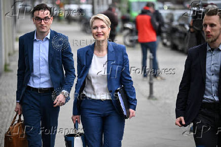 Mecklenburg-Vorpommern's State Premier and state leader of the German Social Democratic Party (SPD) Manuela Schwesig arrives for coalition talks in Berlin