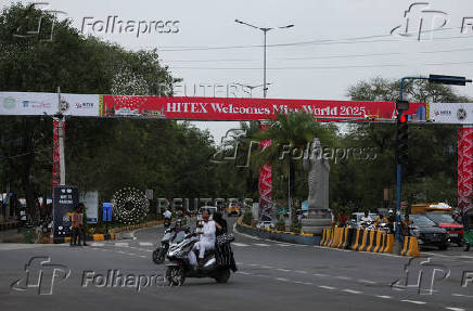 A banner for the upcoming 72nd Miss World pageant is displayed at a street in Hyderabad