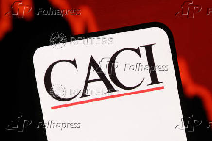 Illustration shows Caci International logo and decreasing stock graph