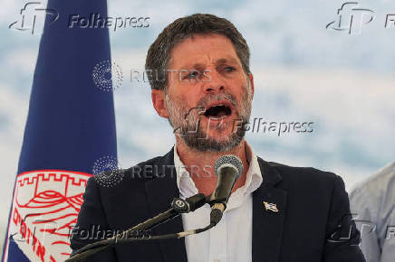 Israeli Finance Minister Smotrich speaks at a press conference regarding settlements expansion, near the Israeli settlement of Maale Adumim