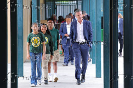 California Governor Newsom speaks at the Clinton Elementary School, in Compton