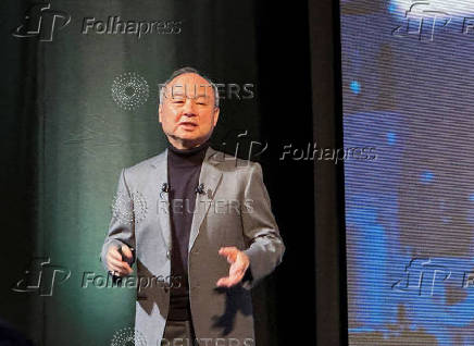 FILE PHOTO: SoftBank CEO Masayoshi Son speaks at the SoftBank World 2023 corporate conference, in Tokyo