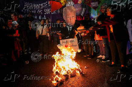 Demonstrators take part in a protest against U.S. President Donald Trump?s announcement of 50% tariffs on Brazilian products, in Sao Paulo