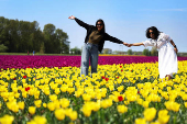 Women pose for a picture in a tulip field in Lisse