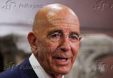 U.S. Special Envoy for Syria Thomas Barrack speaks after a meeting with Lebanese President Joseph Aoun at the presidential palace in Baabda