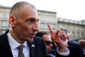 Siarhei Tsikhanouski attends a rally organised by Belarusian diaspora in Warsaw