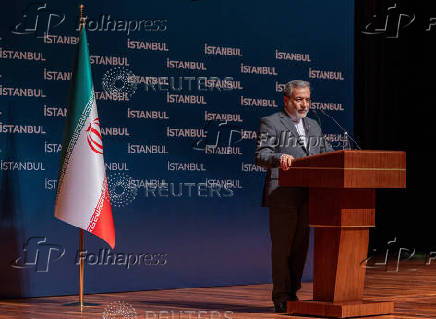 Iranian Foreign Minister Abbas Araqhchi talks during a press conference in Istanbul