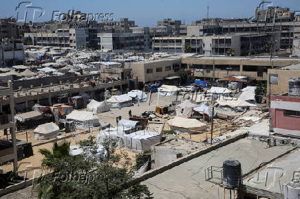 Displaced Palestinians shelter in a tent encampment, in Khan Younis in the southern Gaza Strip