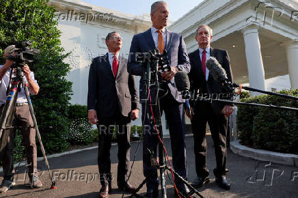 Republican U.S. Senators speak to the media after meeting with the president about the Big Beautiful Bill at the White House in Washington