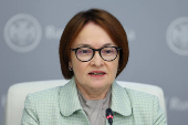 Elvira Nabiullina, Governor of Russian Central Bank, attends a press conference in Moscow