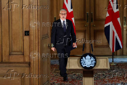 Britain's PM Starmer delivers statement inside No. 10 Downing Street, in London