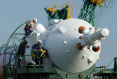 The Soyuz MS-27 spacecraft is rolled out to the launch pad ahead of the next crew launch to the International Space Station at Baikonur Cosmodrome