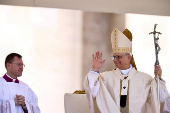 Pope Leo XIV leads the Regina Caeli prayer in St. Peter's Square at the Vatican