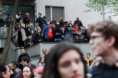 Students block access to the state broadcaster Radio Television of Serbia (RTS), demanding fair and unbiased reporting, in Belgrade