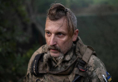 A Ukrainian serviceman is seen at a position on a front line near the city of Kostiantynivka