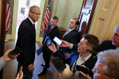U.S. Senate Majority Leader Thune speaks with reporters at the U.S. Capitol in Washington