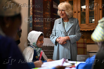 Britain's Queen Camilla visits a cottage in Thornton where the Bronte children were born